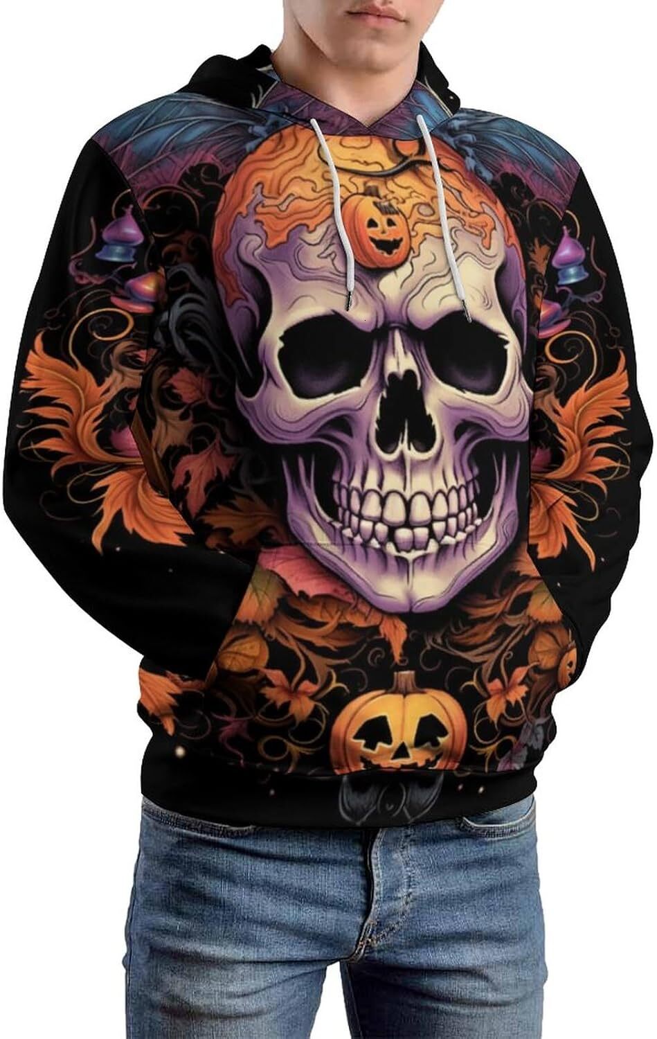 Hoodie for Mens Womens Novelty Mens Pumpkin Lantern Face Pattern Hoodie Darkness Skull Halloween Pull Rope Long Sleeve Pullover Hoodie Graphic Hoodies