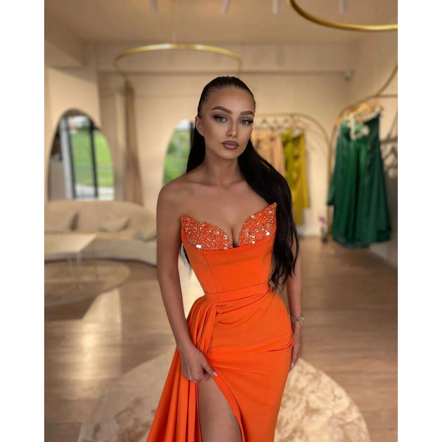 Prom Elegant Dresses Orange Sequins Sweetheart Party Evening Gowns Split Formal Long Special Ocn Dress 0607