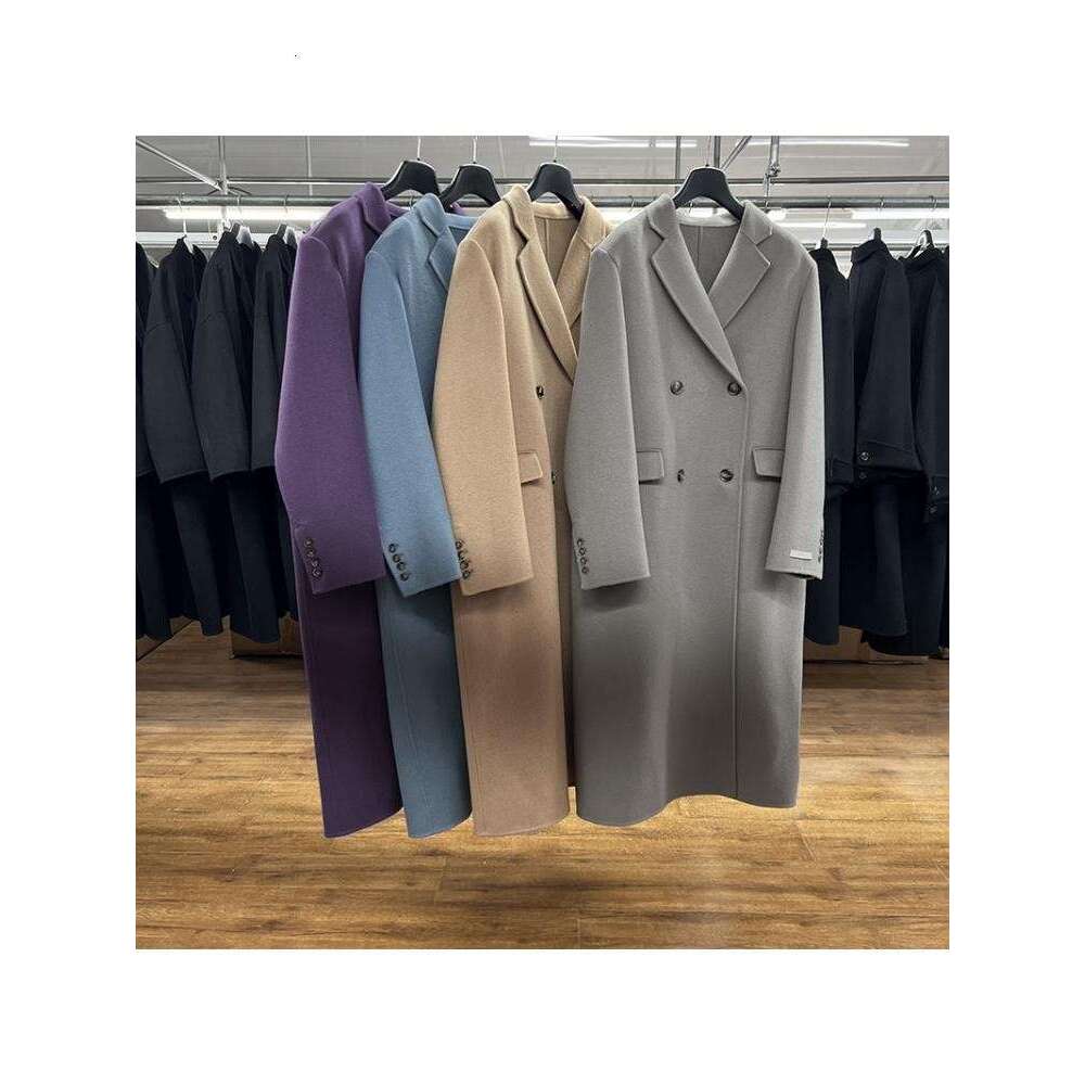 2022 Winter Double Breasted Long Handmade 100% Wool Coat Women Korean Style High End Suit Collar Loose Woolen Jacket Overcoat