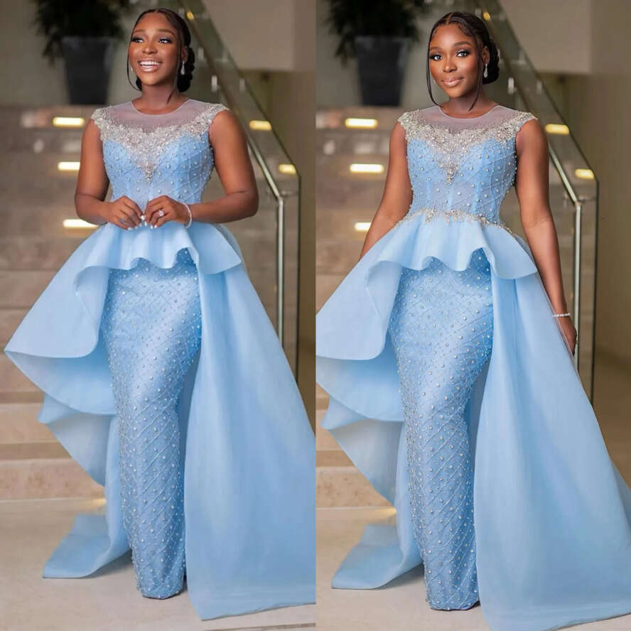 Sheath Blue Gorgeous Baby Prom Crystals Peplum Evening Dress Elegant Rhies Jewel Neck Tulle Black Girl Arabic Formal Dresses For Women 0607 es