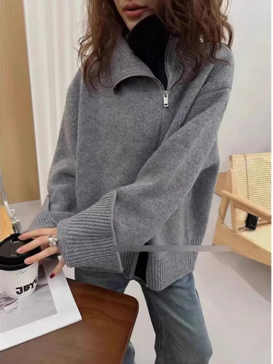 European turtle neck zipper 100% cashmere cardigan womens autumn and winter loose thick wool knitted sweater 241015