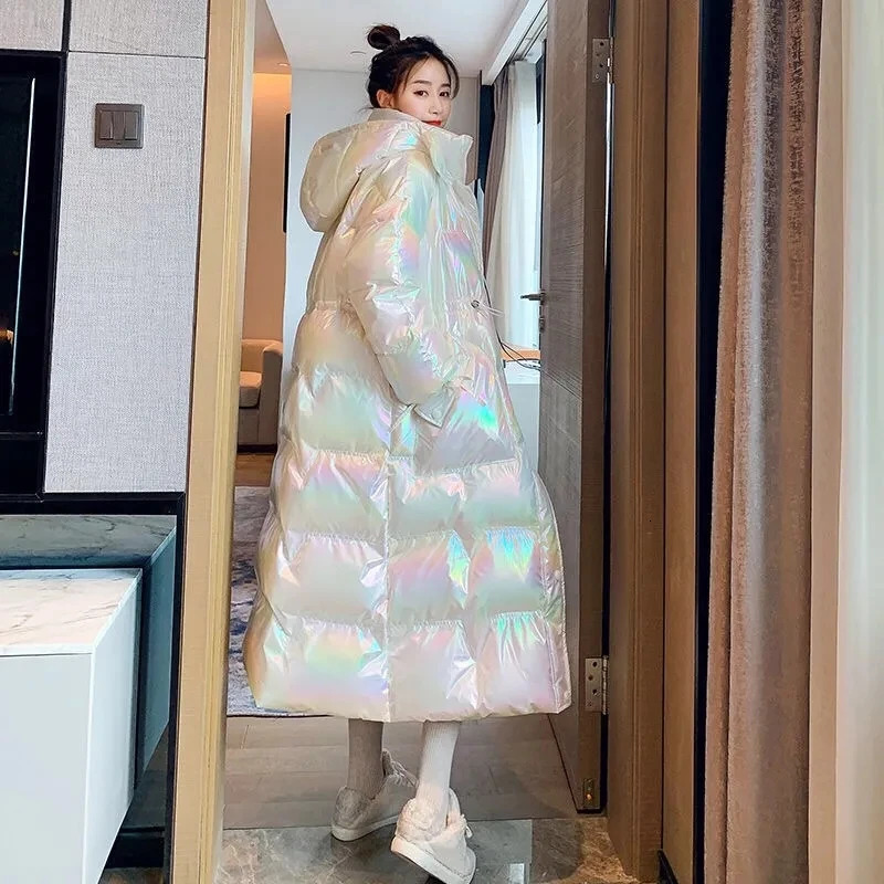 Winter Glossy Down Jacket Womens Thicken Down Cotton Hooded Coat Windproof Rainproof Warm Parka Long Overcoat Female 241008