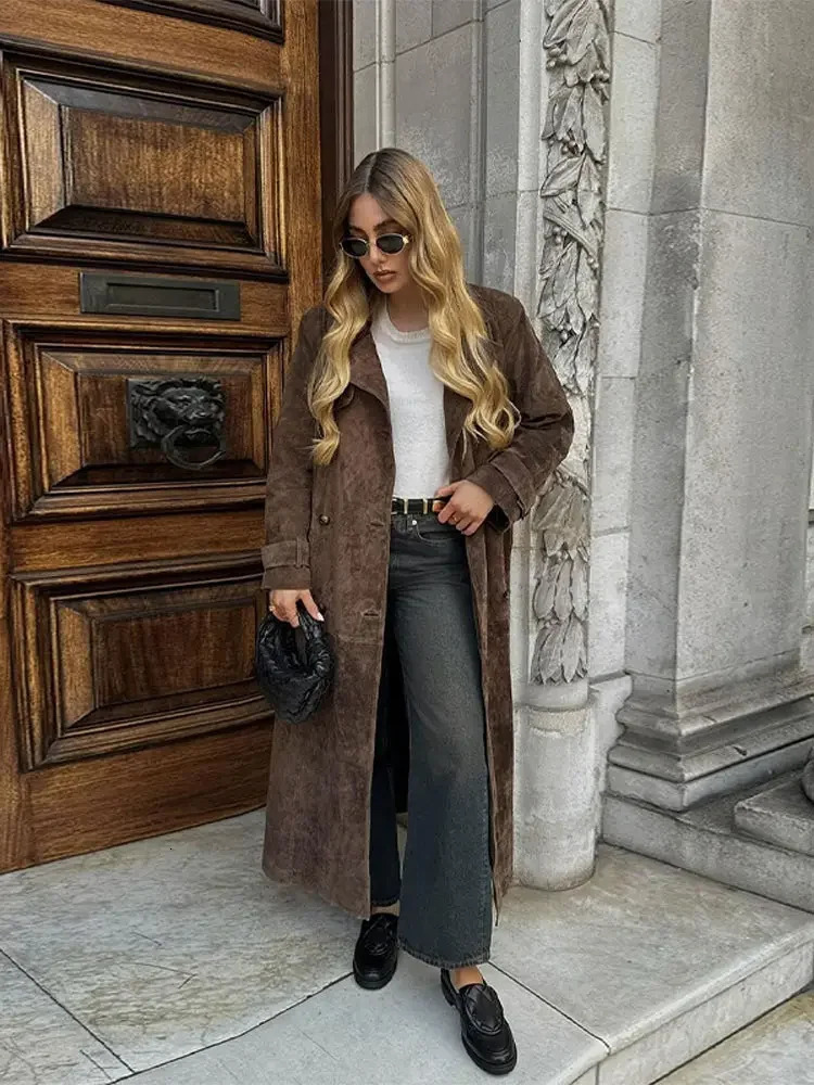 2024 Autumn Winter Elegant Suede Leather Belt Long Trench Brown Coat Fashion Warm Double Button Jacket High Quality Streetwear 241016