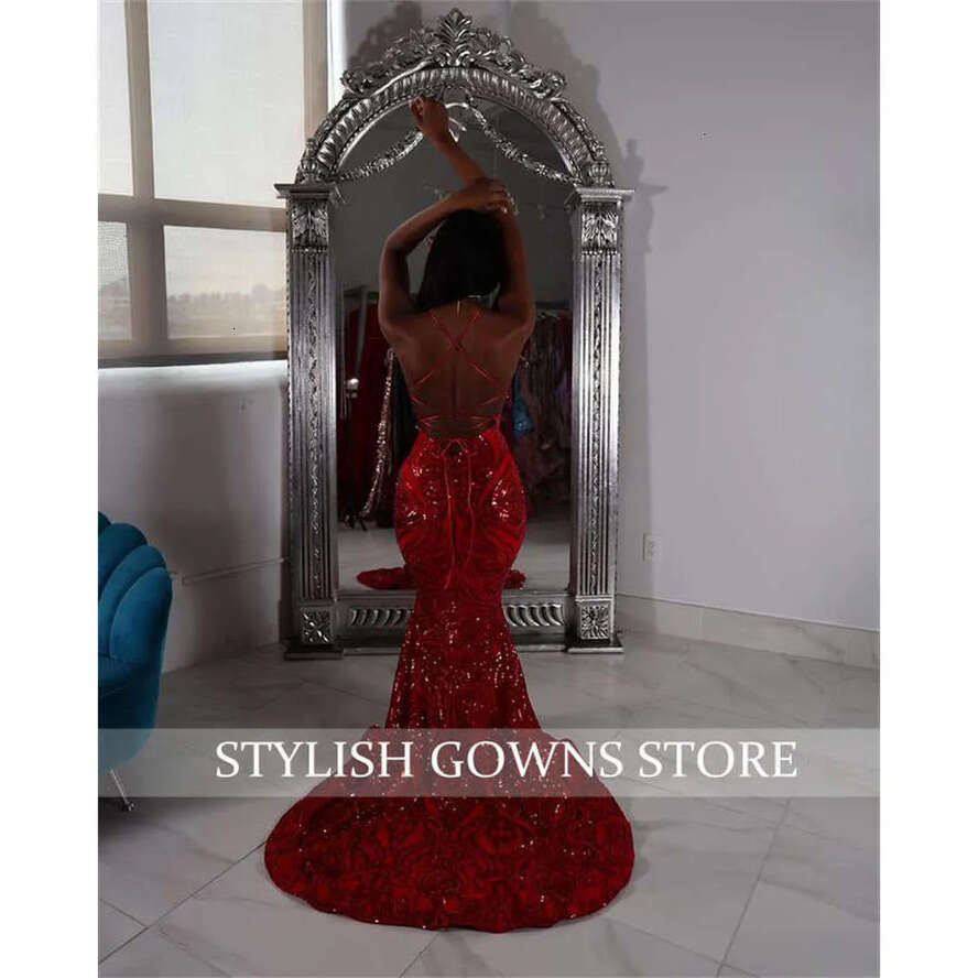 Halter Prom Red Long Dress For Black Girls Sparkly Sequined Birthday Party Dresses Mermaid Formal Gown Evening Gowns Robe De Bal 0627 es mal s