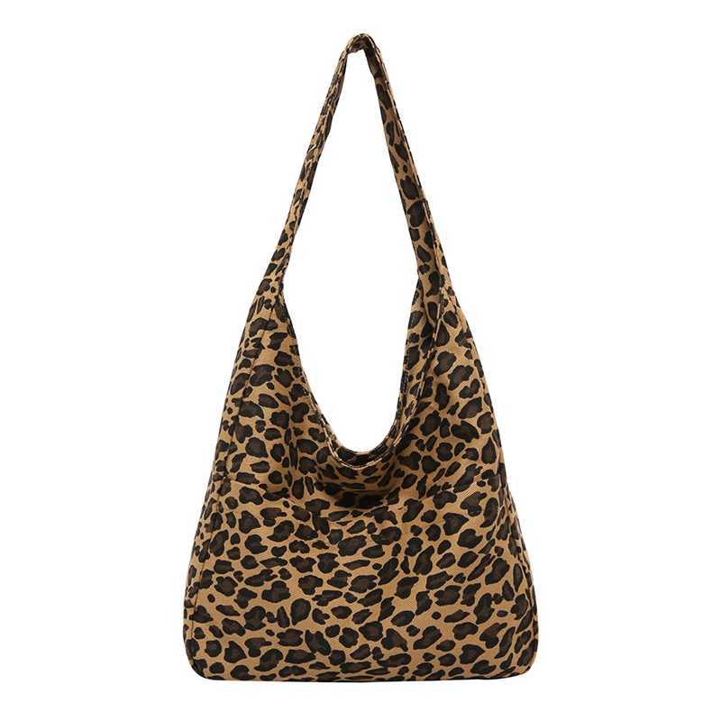 Ladies Leopard Retro Shoulder Satchel Bag Multi Pocket Canvas Underarm Large Capacity Buckle Closure for Shopping Travel Work 241016