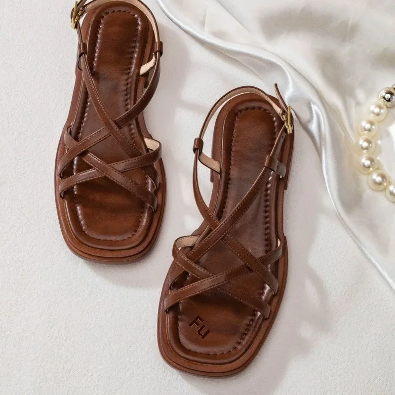 Retro Style Brown Vintage Woven Roman Sandals Soft Bottom Womens Shoes Cover Up White Color Summer 2024 241016