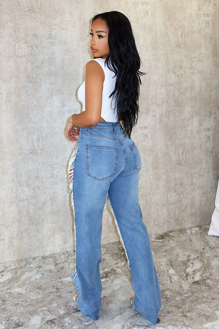 Beachapche Fashion Big Hole Rhinestone Chain Pearls Street Jeans Female Washing Denim Trousers Women Vintage Pocket Straig
