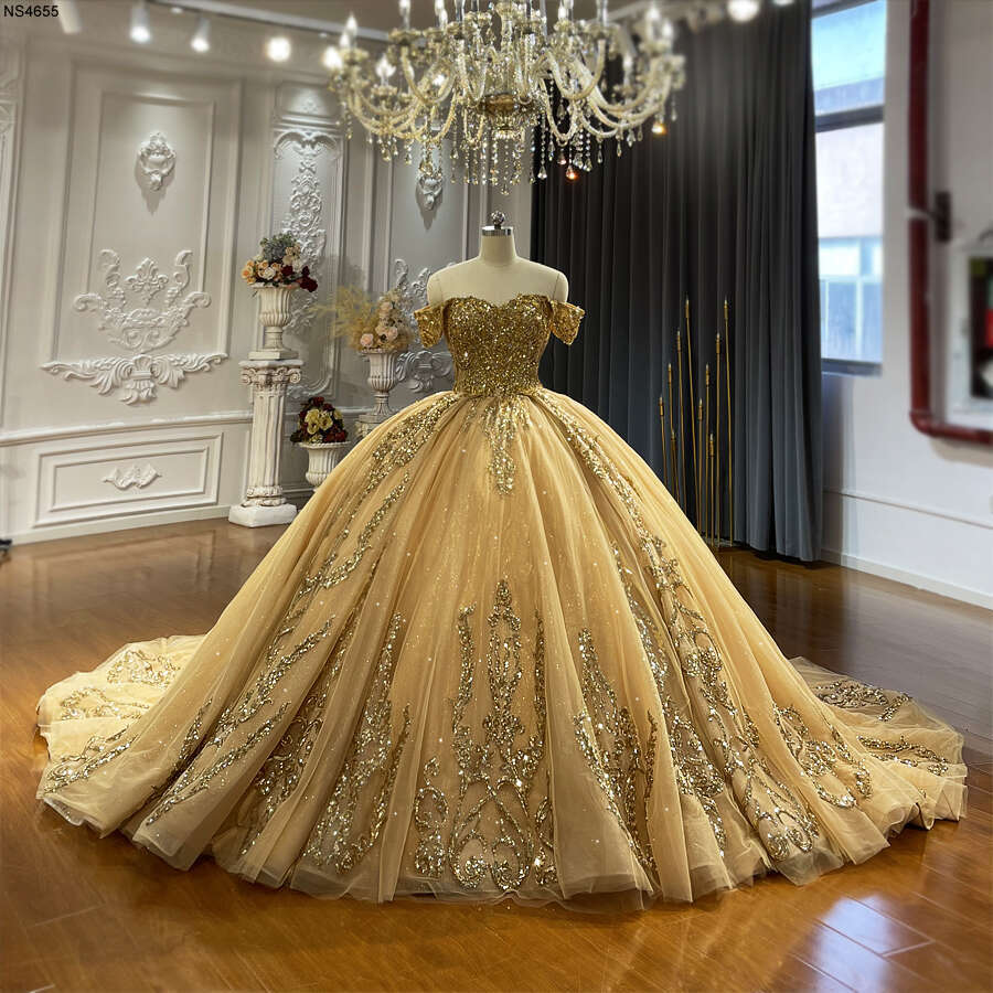Amanda Novias Golden Off Shoulder Lace Wedding Dress
