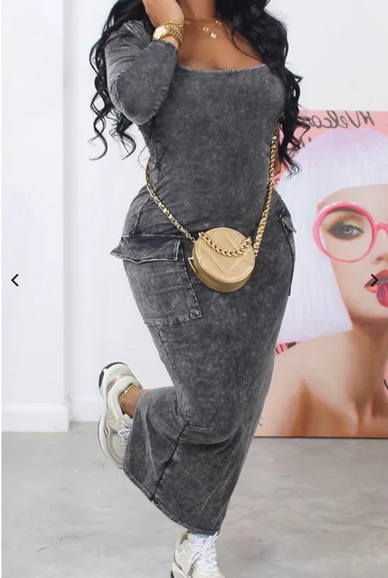 Women Dresses Full Length Square Collar Sheath Sexy Wrap Buttocks Dress Vestidos Slim Fit Solid Color Pockets Slight