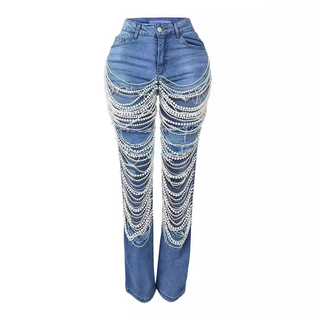 Beachapche Fashion Big Hole Rhinestone Chain Pearls Street Jeans Female Washing Denim Trousers Women Vintage Pocket Straig