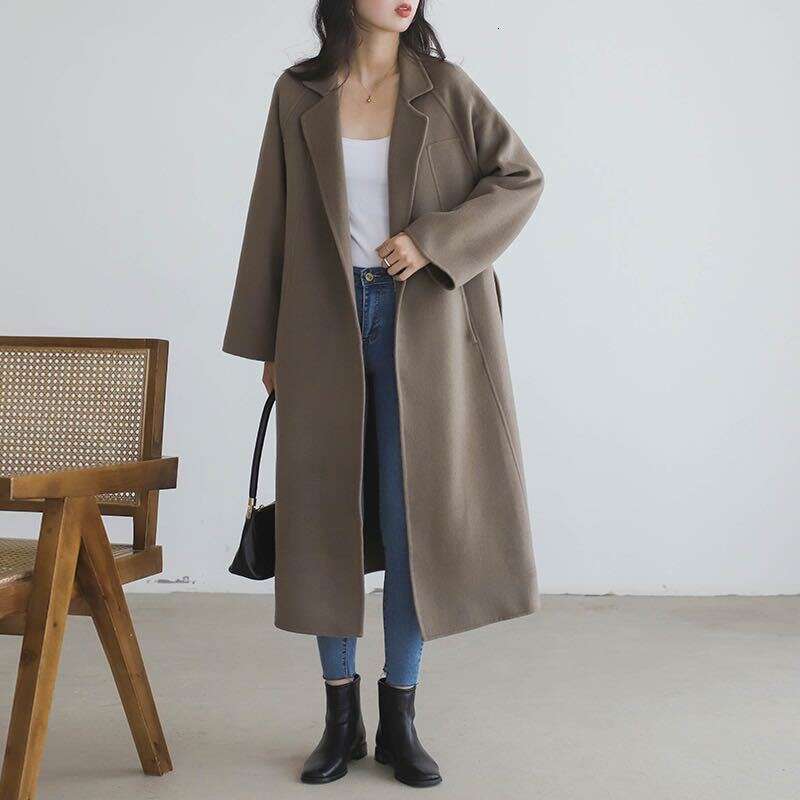 Plus Size Double Sided Woolen Overcoat Women 2021 Winter Fashion High End Long Loose Lacing Belt Black 100% Wool Coat
