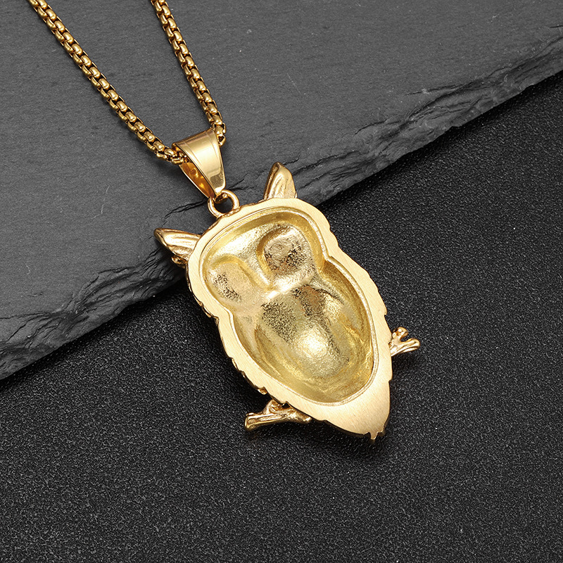 Hip Hop Owl Pendant Necklace Stainless Steel 18K Gold Plated Men Boy Jewelry