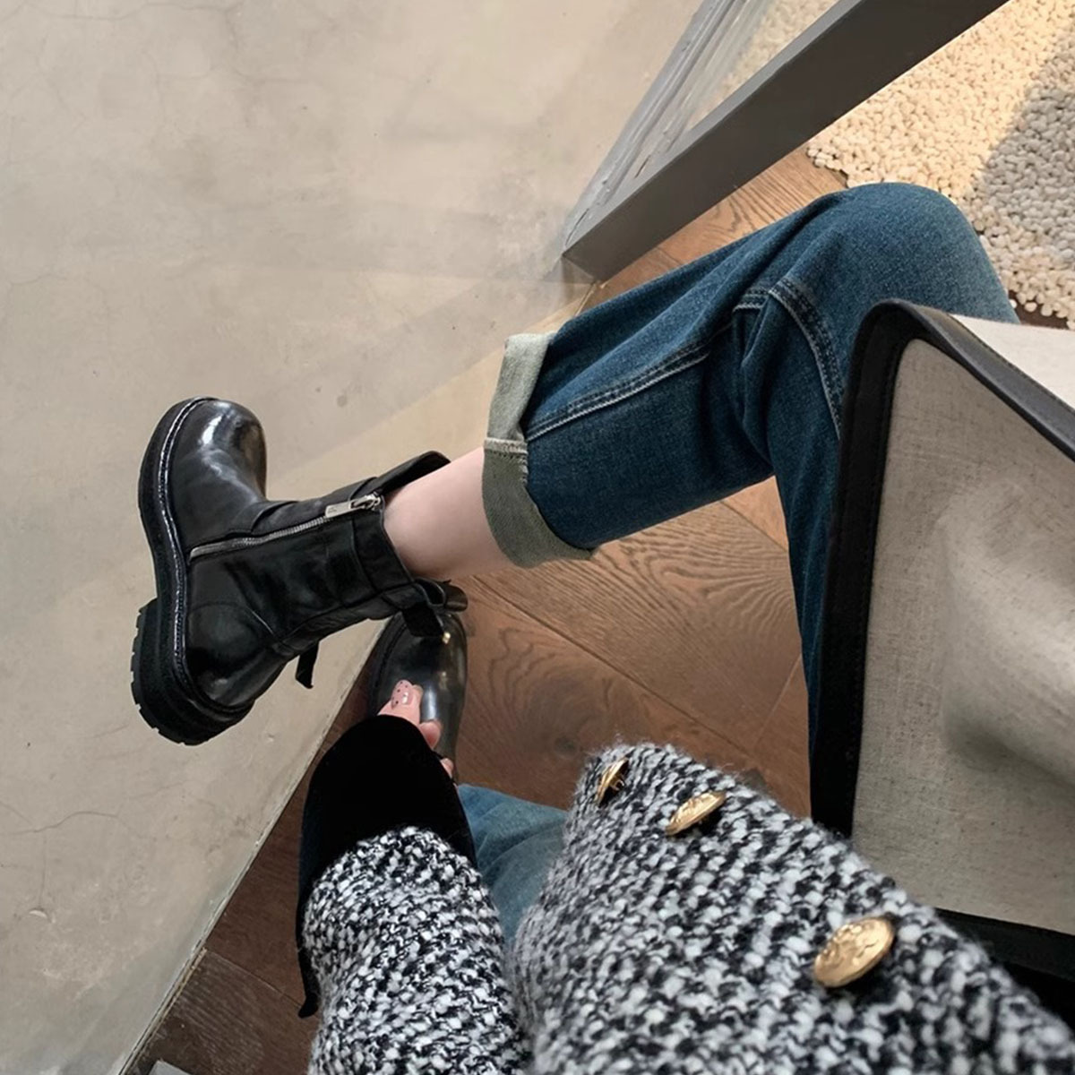 Women's 2024 Spring and Autumn New Style Buckle Thick Bottom Looks Thin British Martin Boots