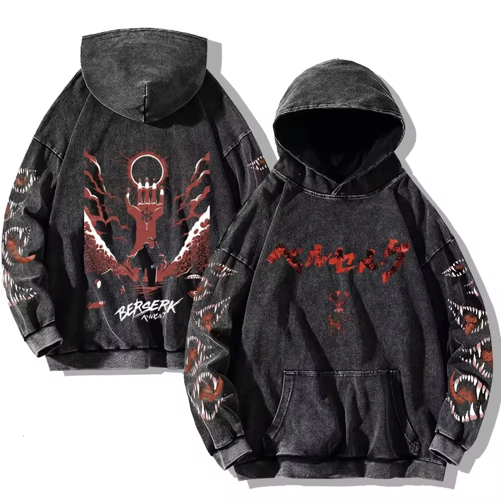 Mens Berserk Hoodies Gothic Print Vintage Washed Hoodie Hip Hop Streetwear Cotton Sweatshirts Harajuku Casual Hooded Pullover 241016