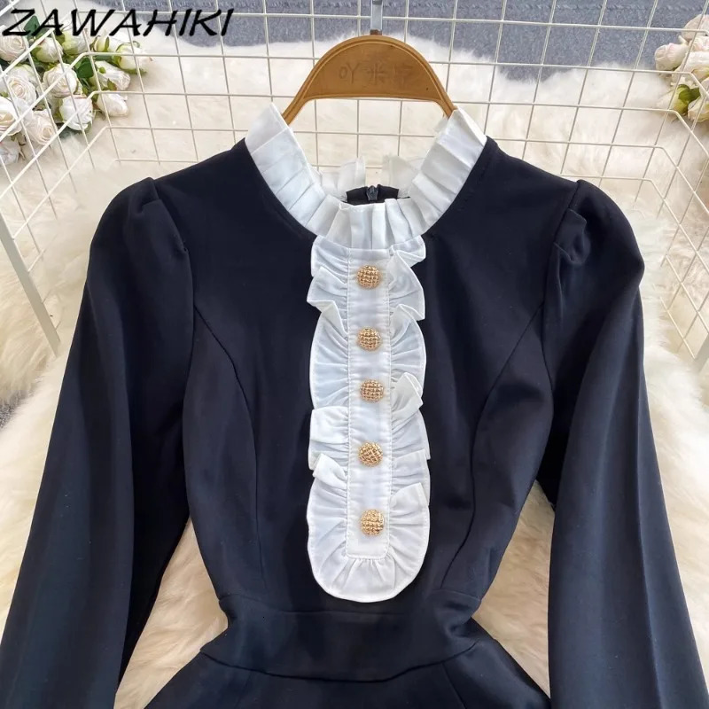 Evening Dress for Women Patchwork Pleated Button Vestidos Contrast Color Flare Sleeve Femme Robe Temperament Ropa Mujer 241007