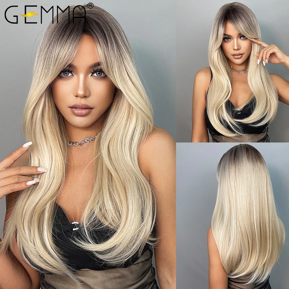 GEMMA Ombre brown long straight synthetic wig with bangs female role-playing wig high-temperature natural hair 241010