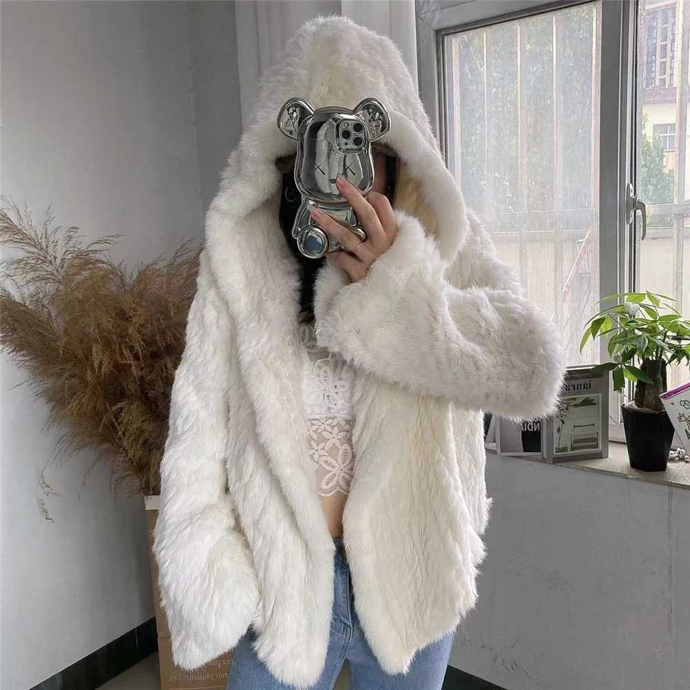 Real rabbit fur coat womens long knitted jacket real fur fashion coat 70cm long autumn and winter W241010