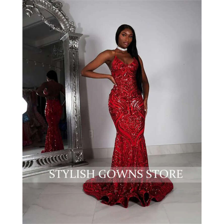Halter Prom Red Long Dress For Black Girls Sparkly Sequined Birthday Party Dresses Mermaid Formal Gown Evening Gowns Robe De Bal 0627 es mal s