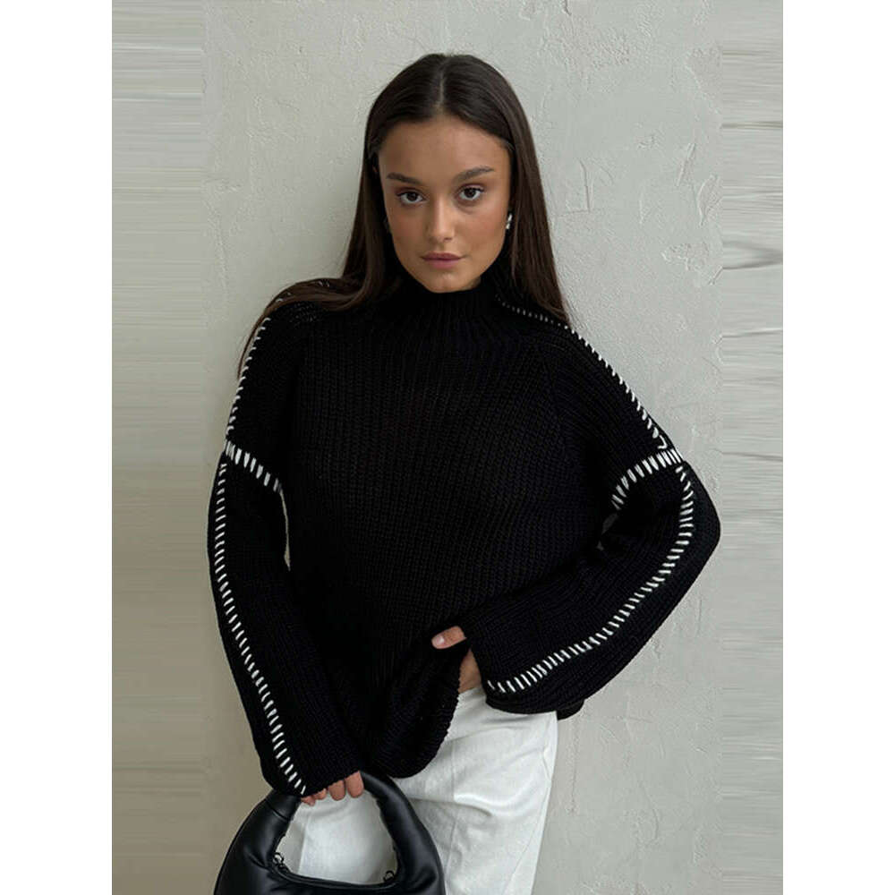 Casual Knitted Contrast Pullovers Women Loose High Collar Long Sleeve Sweaters 2024 Autumn New Lady Cozy All-Match Knitwear