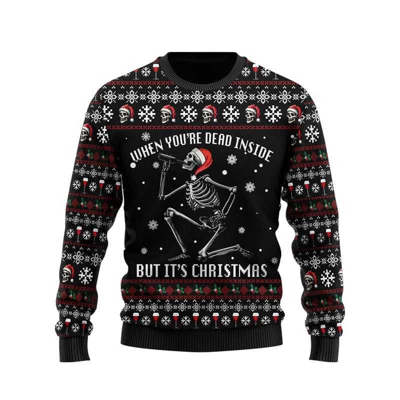 3D printed Merry Christmas mens sports shirt with interesting skull pattern hoodie casual Harajuku oversized top round neck zipper Y241016