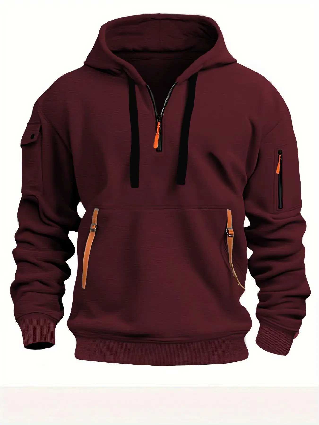 Fashionable mens zipper multi pocket hoodie casual sports sweater Y241016