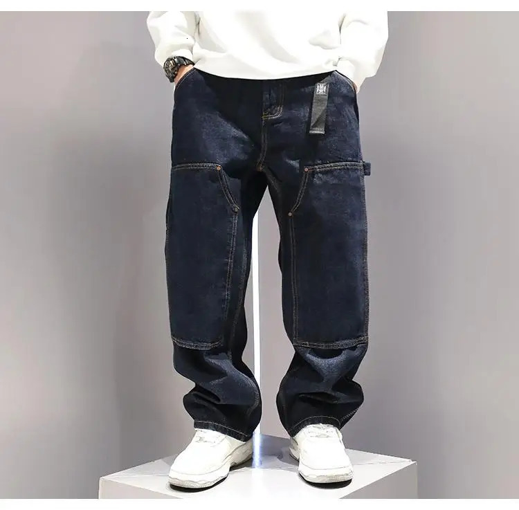 Washed Blue Straight leg Jeans Stylish Street Cargo Pants Japanese Harajuku style Hip hop loose wide pants mens clothing 241008