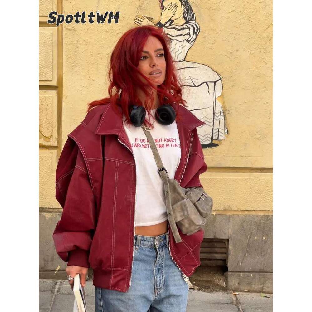 Women Fashion Solid Oversized Contrast Loose Lapel Long Sleeve Zipper Pu Leather Top Autumn Lady Motorcycle Jacket
