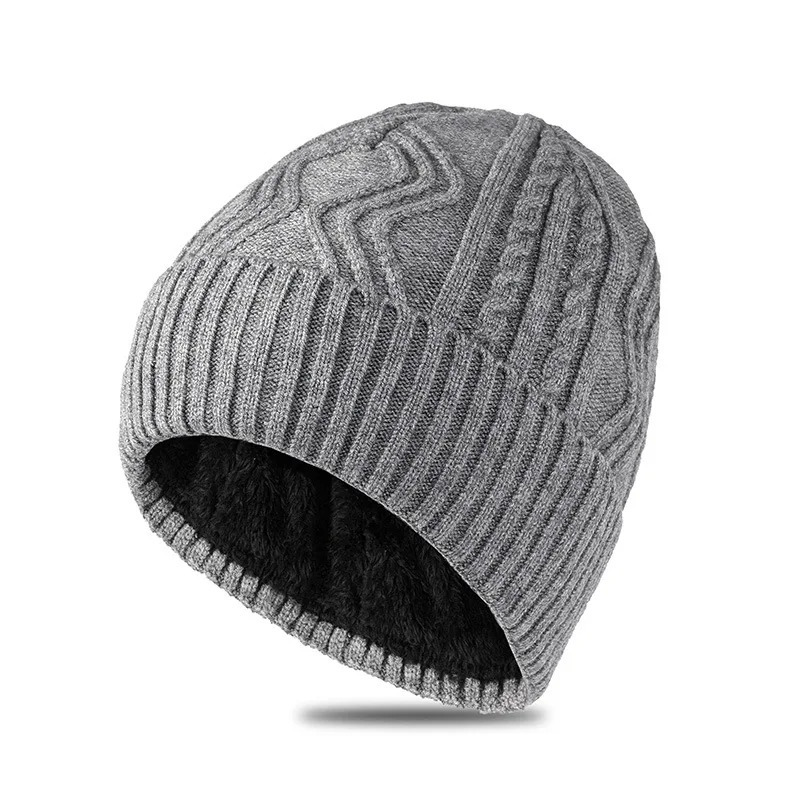 Big Head Men Knitted Hat Large Size Fleece Lined Rib Beanie Warm Thick Winter Cap 241007