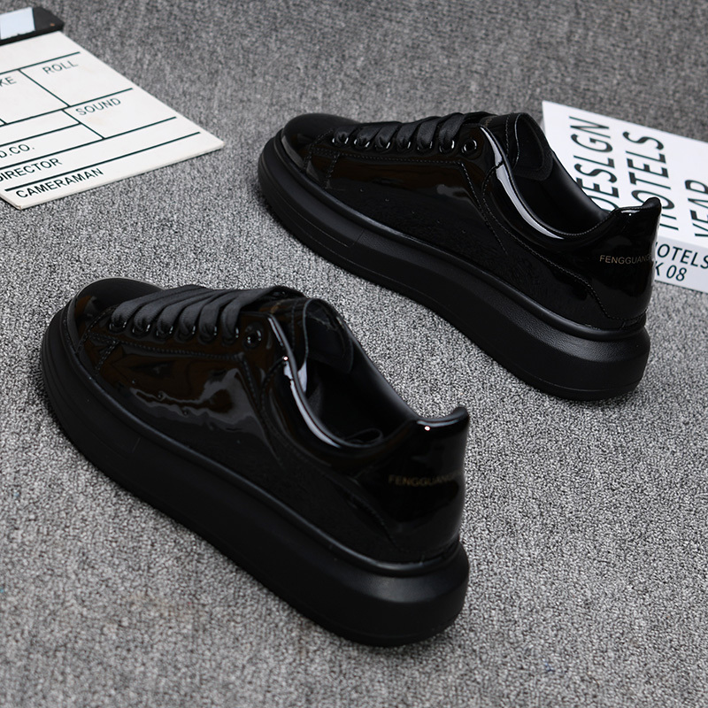 Brand Fashion Shoes Black Glossy Men's Thick-soled White Sneakers Versatile Couple Sports And Casual Tennis Shoes