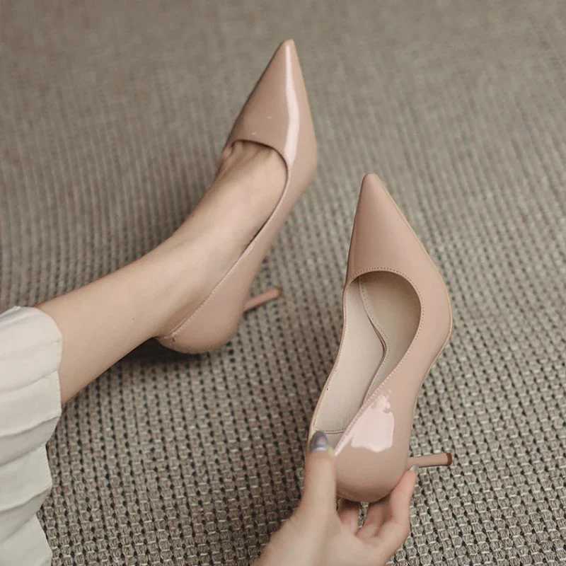 Autumn New Nude Lacquer Leather High Heels with Thin Heels Versatile Pointed Shallow Mouth Single ShoesC250319