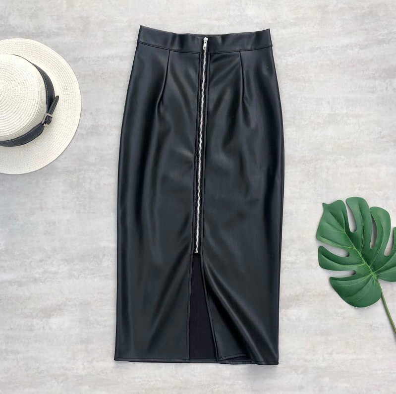 Elegant Faux Leather Woman Skirts Front Zipper Midi Skirt Sexy High Waist Split PU Leather Skirts Pocket Wrap Hip Bodycon Skirt 210306
