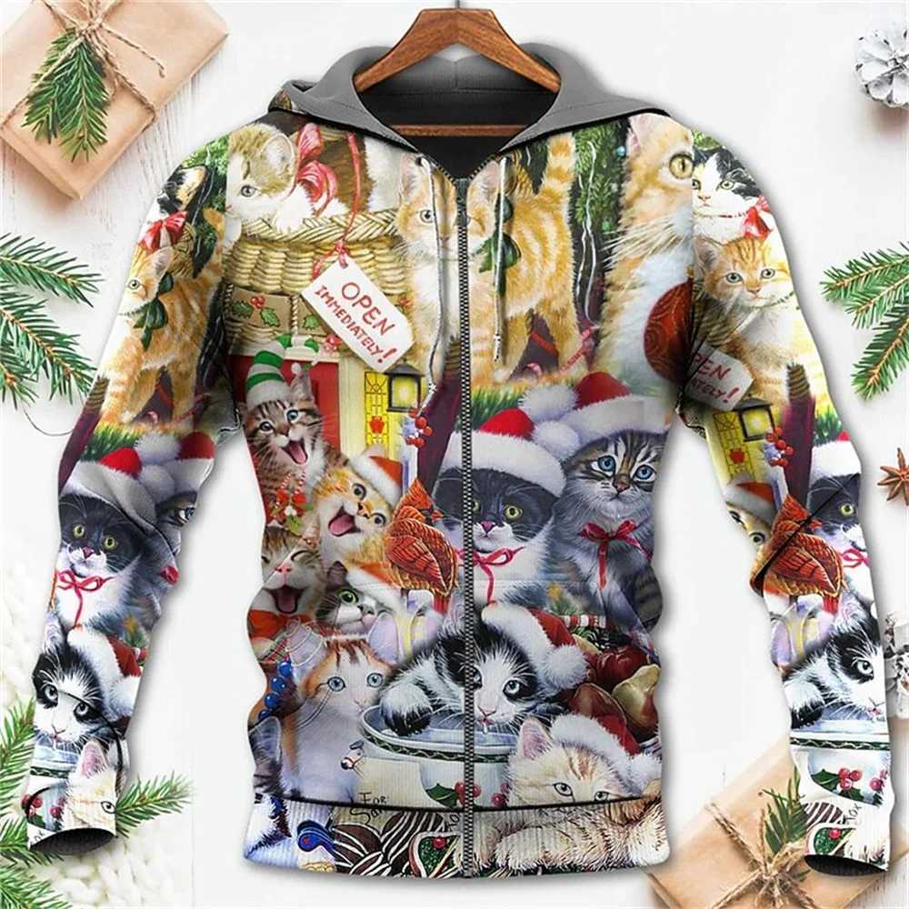 3D Christmas Day Mens Zipper Hoodie Fashion Santa Claus Mens Oversized Top Long Sleeve Sweatshirt Y241016