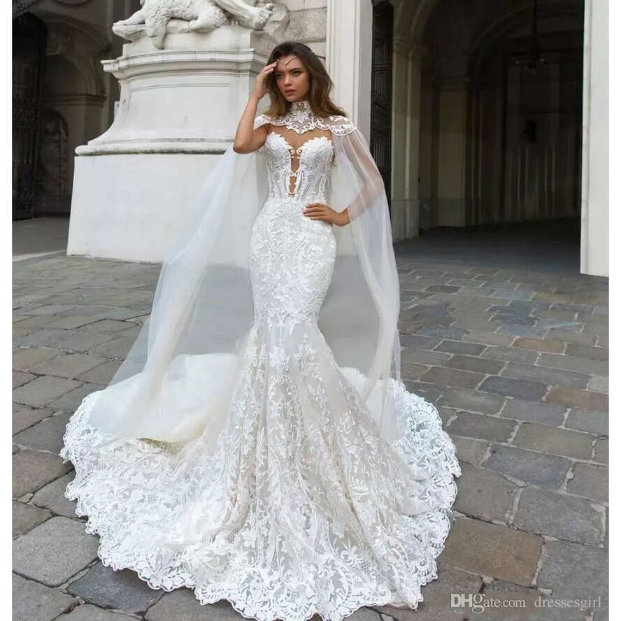 Mermaid Lace Gorgeous Dresses With Cape Sheer Plunging Neck Bohemian Wedding Gown Appliqued Plus Size Ba