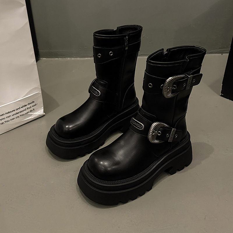 Women's 2024 Autumn/Winter New Retro Metal Buckle Thick Bottom Roman Knight Short Boots