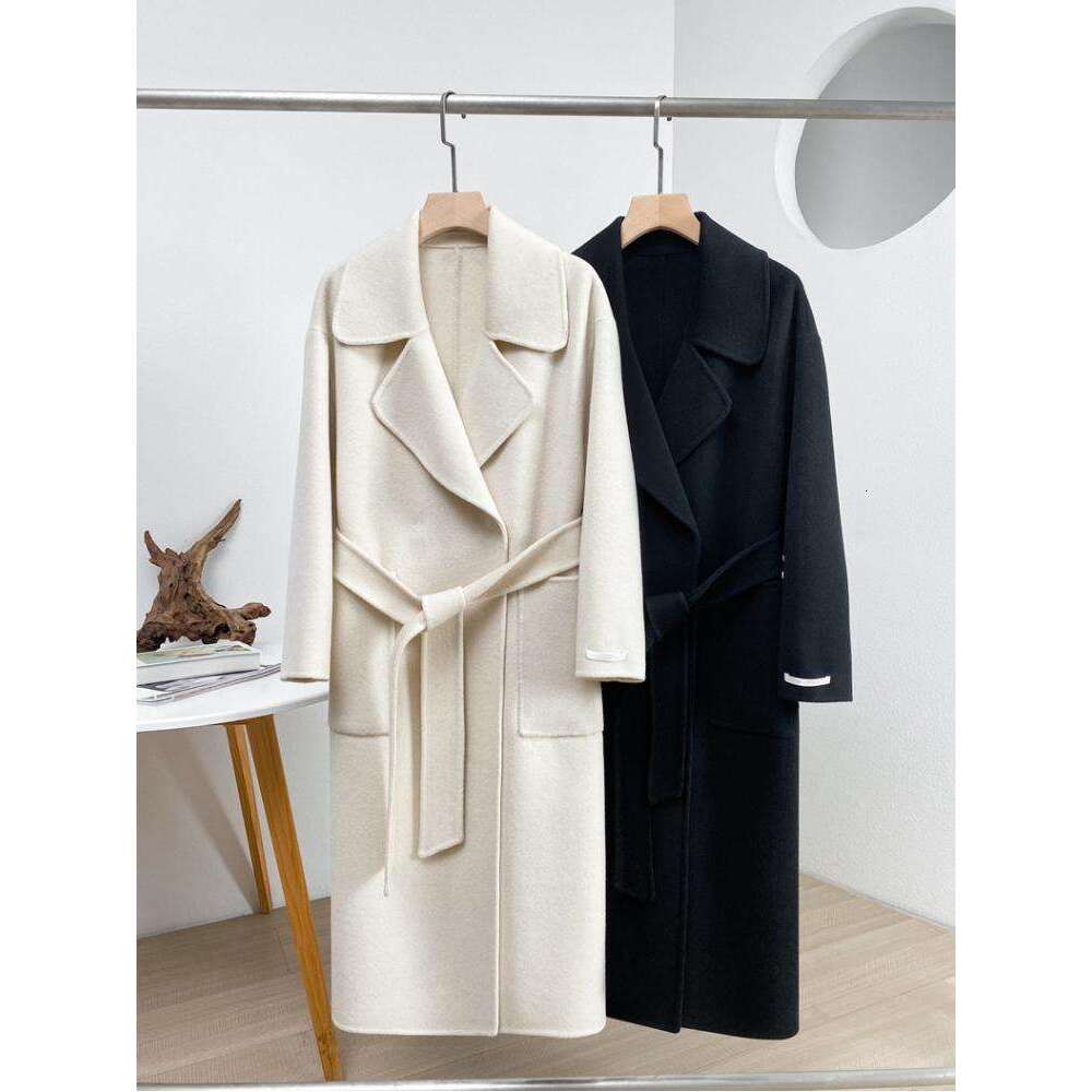 Office Lady Double-Sided Handmade Cashmere Jackets 2023 Autumn/Winter Suit Collar Buckle Loose Long High-End Women Wool Coats