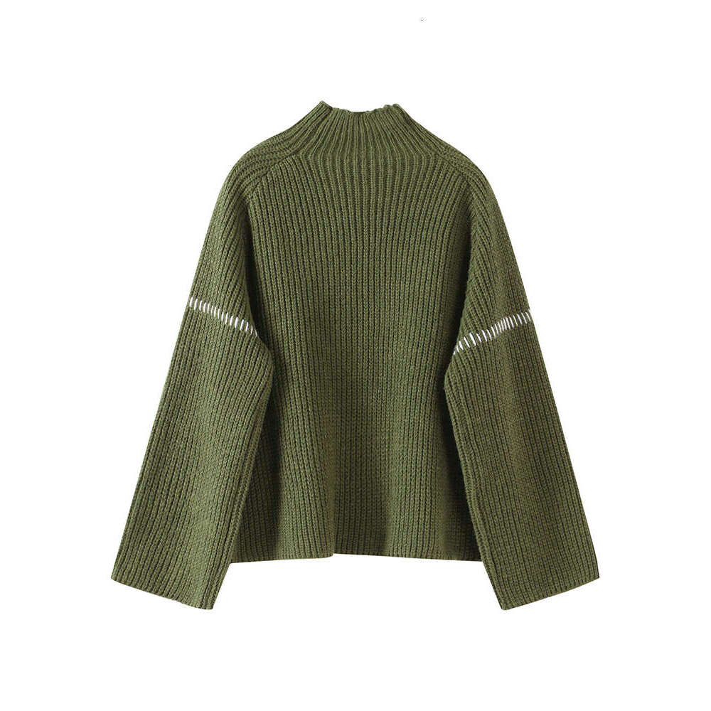 Casual Knitted Contrast Pullovers Women Loose High Collar Long Sleeve Sweaters 2024 Autumn New Lady Cozy All-Match Knitwear