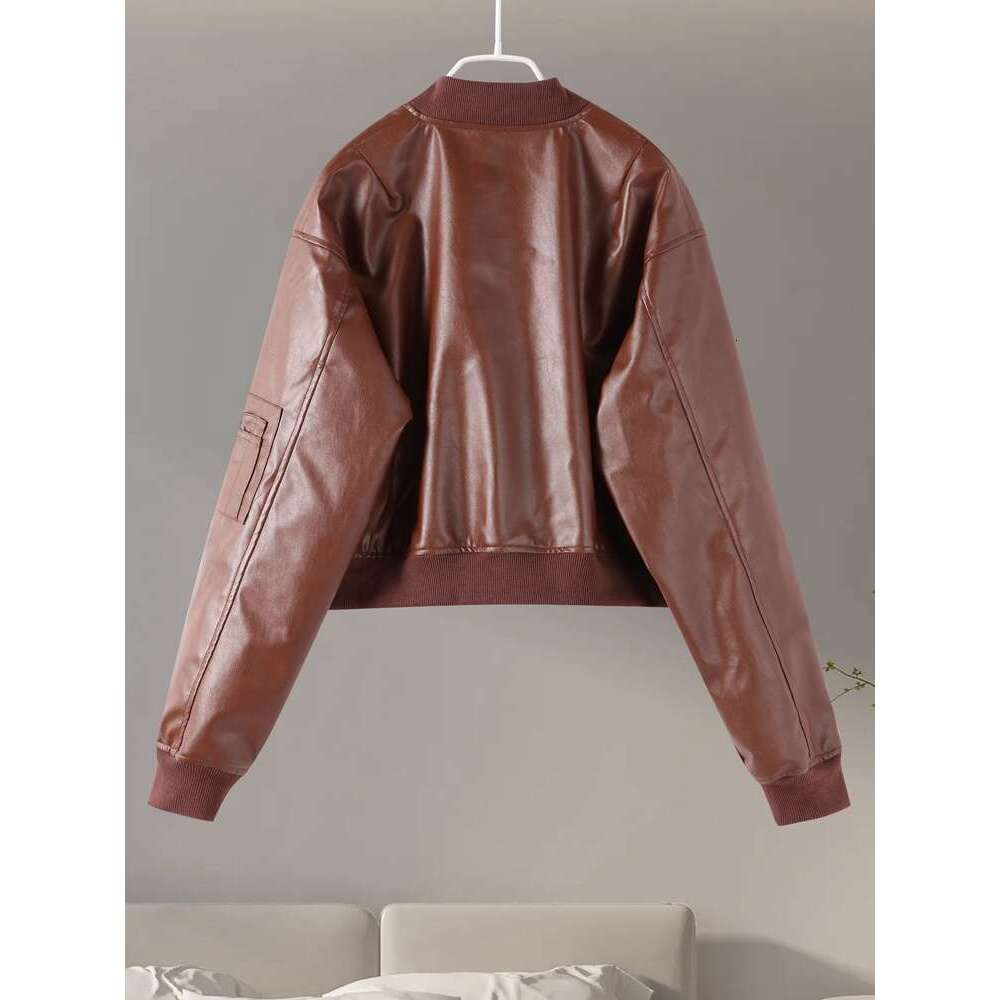 Vintage Imitation Leather Bomber Jacket Women O-Neck Zipper Pockets Loose Short Coat 2024 Autumn Lady High Street Outwear