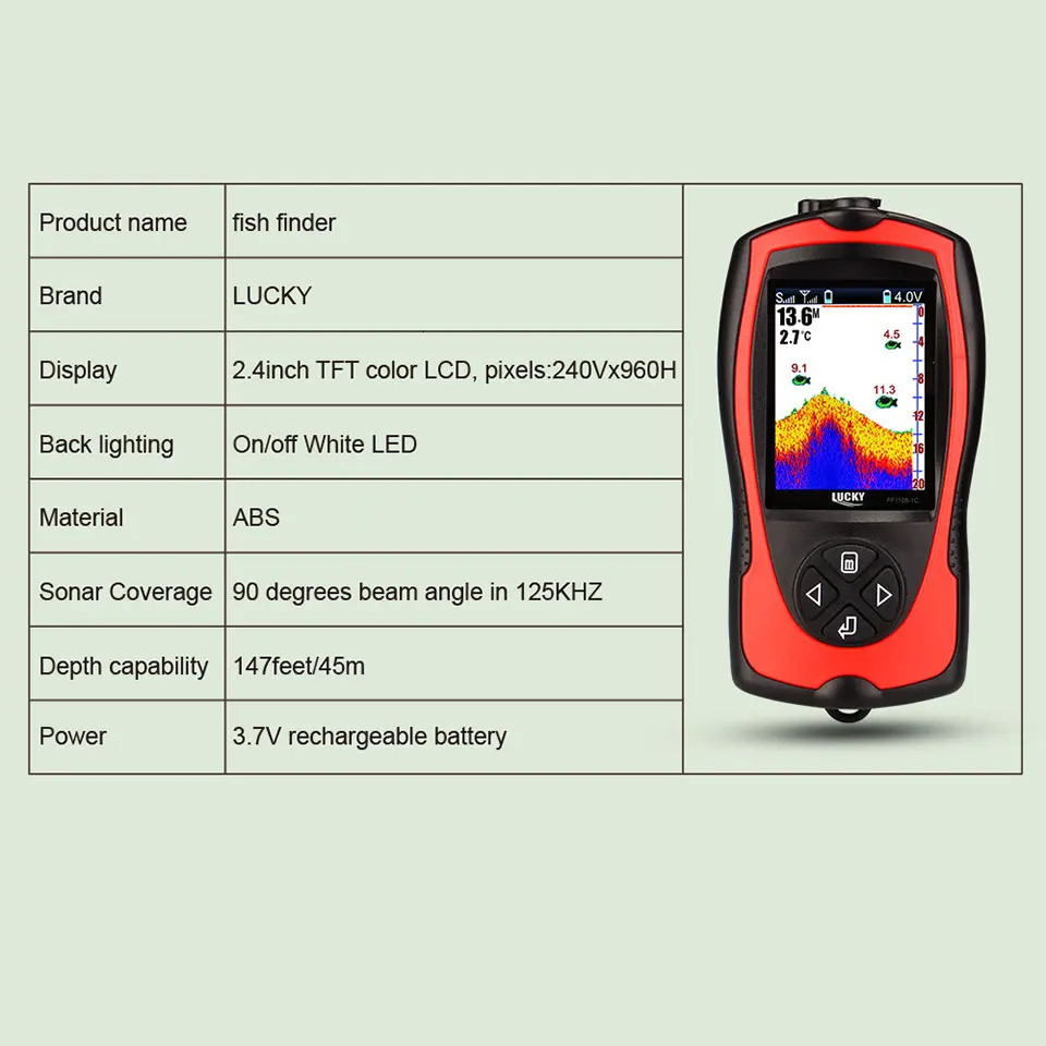 Lucky Rechargeable Fish Finder 08-1CWLA/CT wireless sonar sensor Fishing Finder color display maximum water depth of 45M 241016