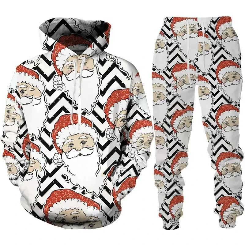 New Years Party 3D Printed Santa Claus Mens Hoodie Pants 2-piece Set Casual Oversized Long Sleeve Zipper Y241016