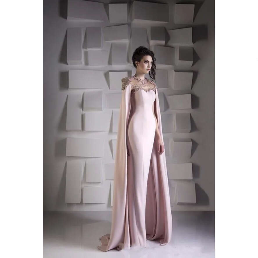 Mermaid Dresses With Gogeous Cape Bead Crystal Sequined Satin Formal Prom Dress Jewel Plus Size Arabic Dubai Wrap Evening Gowns