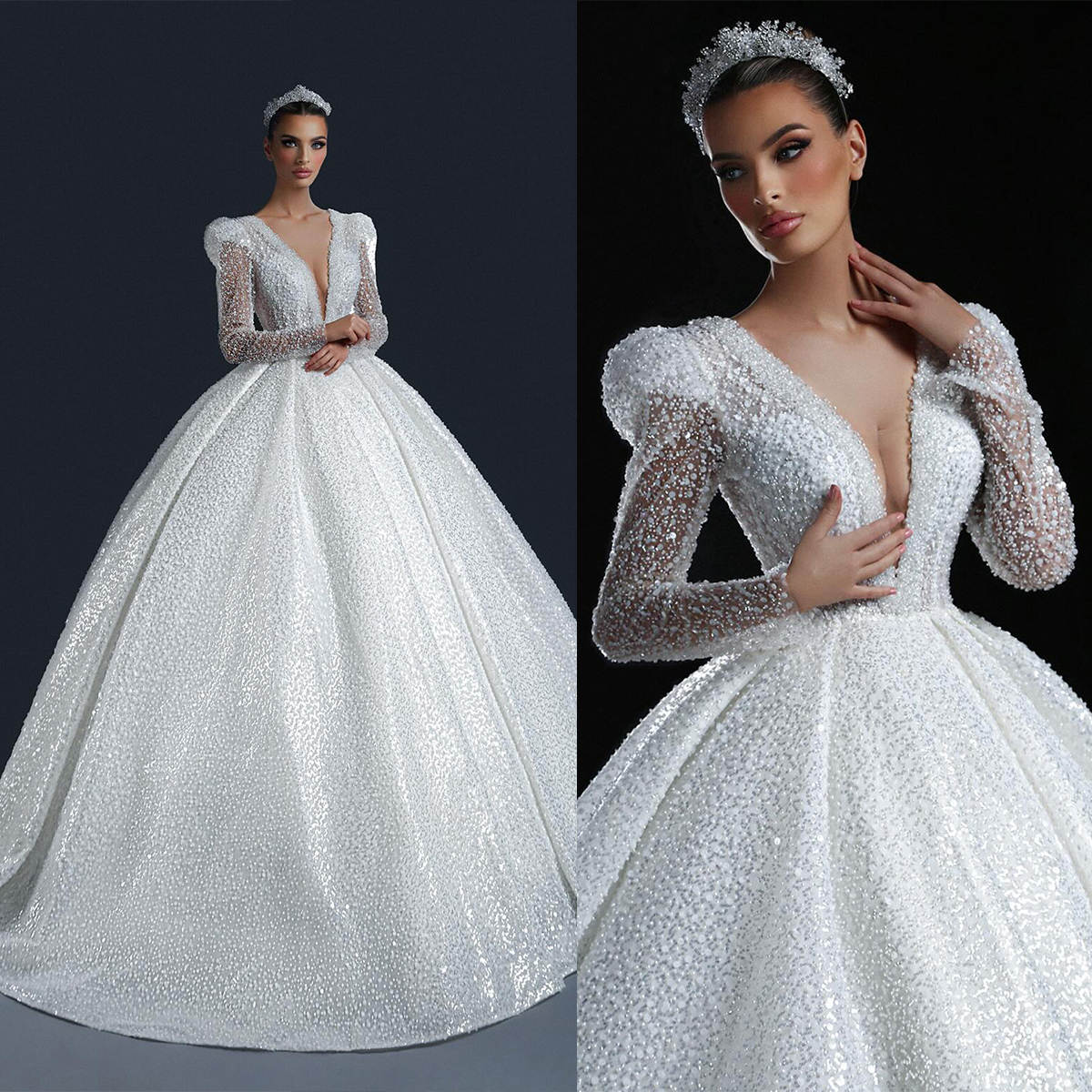 Princess Ball Gowns Appliques Beaded Sequins V Neck Wedding Dress Draped Sweep Train Tulle Bridal Dresses Custom Made