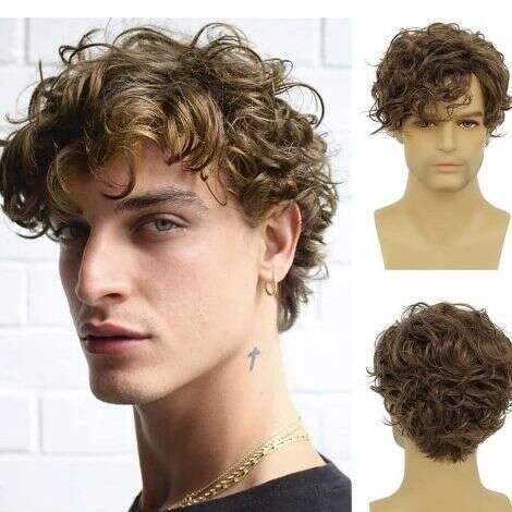 2023 Tongcan Men's With Slanted Bangs, Brown Short Curly Hair, Synthetic Wig