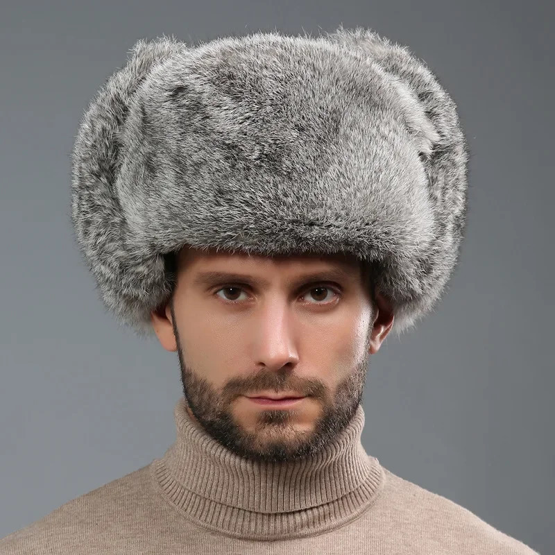 Winter Russian Man Woman Wholeskin Faux Rex Rabbit Fur Hats Faux Sheep Skin Leather Cap Fur Bomber Hat Ushanka Hats 241009