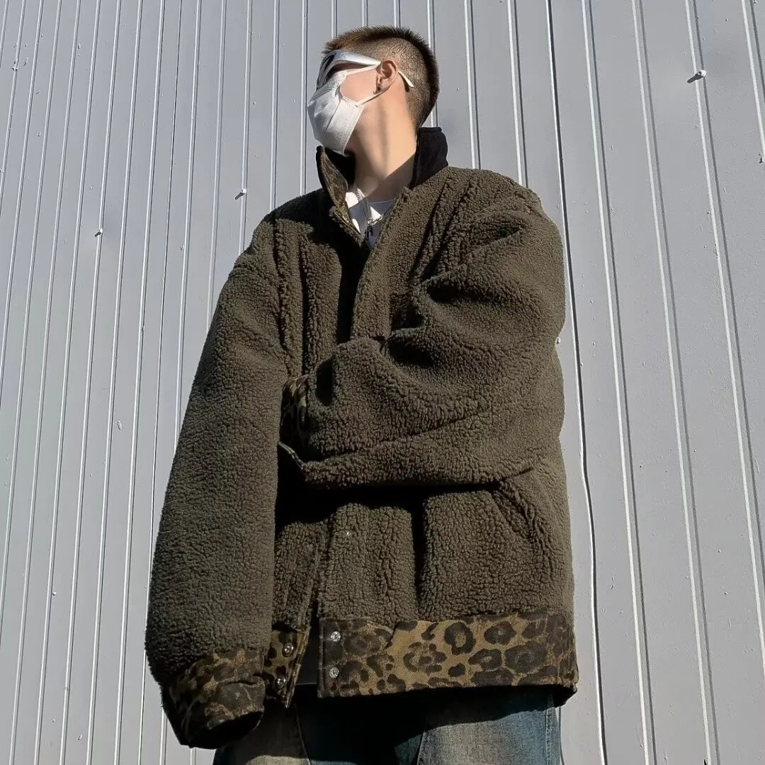 HOUZHOU Leopard Padded Jacket Mens Winter Trendy Double sided Sherpa Coat American Animal Print Warm Park Hip Hop 241008
