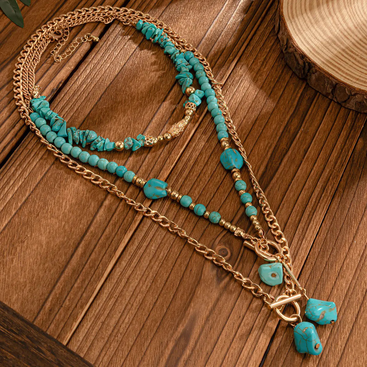 KunJoe 3Pcs Retro Blue Natural Stone Bead Necklace Bohemian Womens Geometric Pendant Necklace Fashion Necklace Jewelry 241017