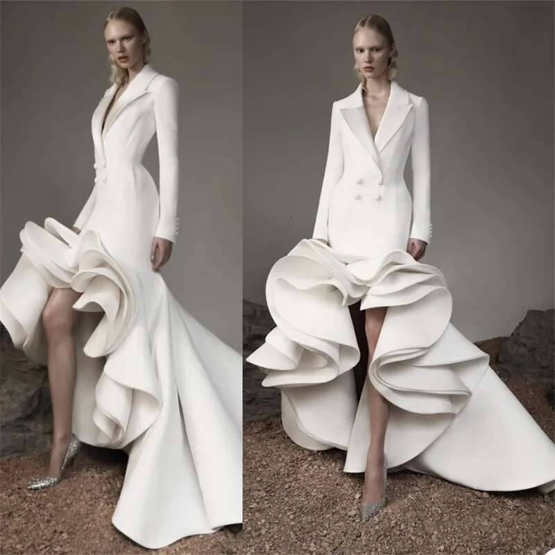 Tiered Pleated Women Suit Evening Dresses Double Breasted Deigner Custom Made Long Sleeve Satin Prom Gown Bc19643 0213