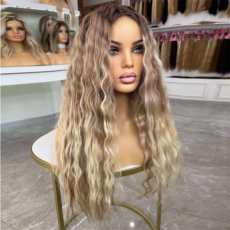 Free shipping Peruvian Honey Blonde Water Wave Front Silation Human Hair 13x4 Transparent Frontal Wig Deep Curly Ombre Lace Wigs