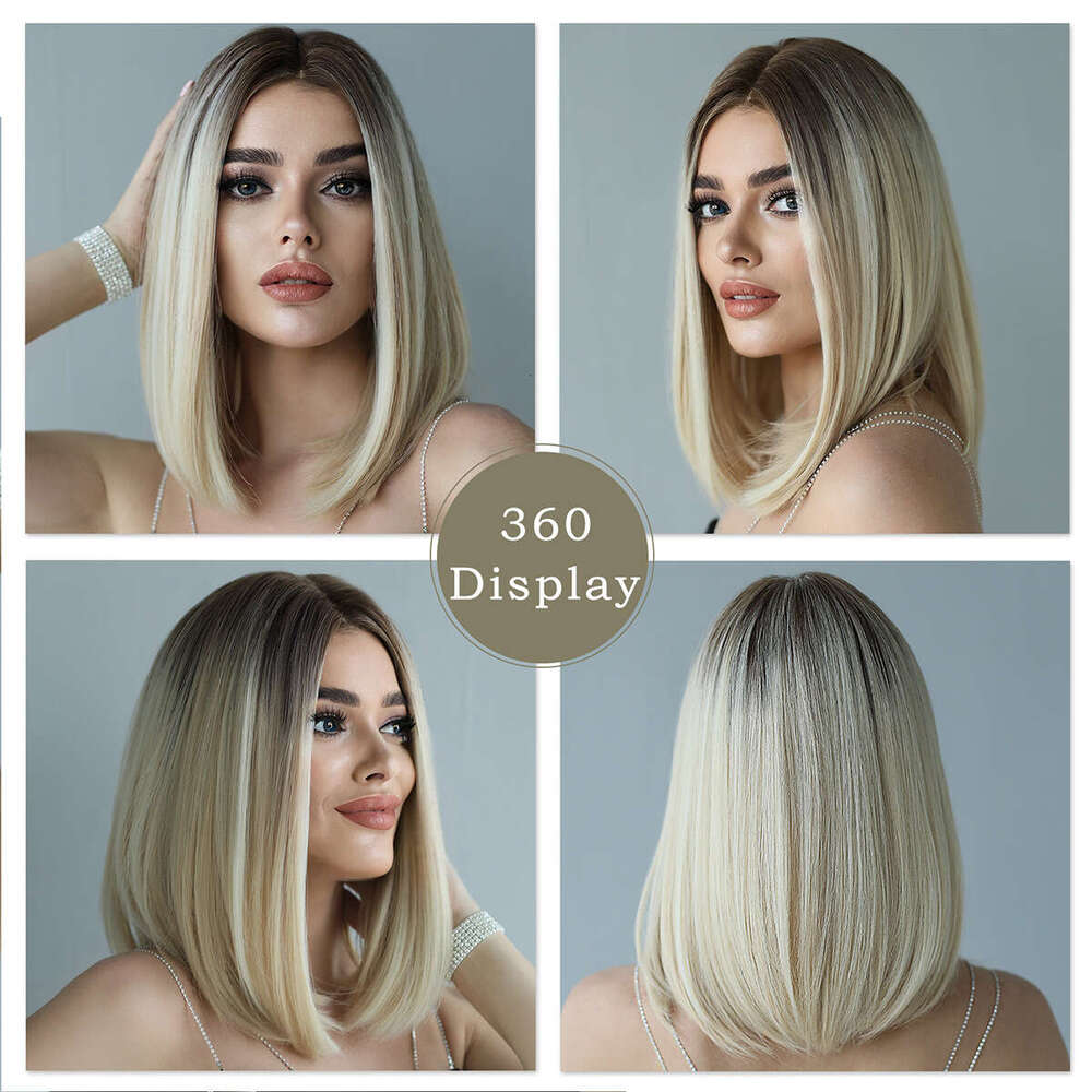 Women's Shoulder Length With Full Head Golden Highlights, Small T-Front Lace Wig, Synthetic Fiber Hand Woven Wig