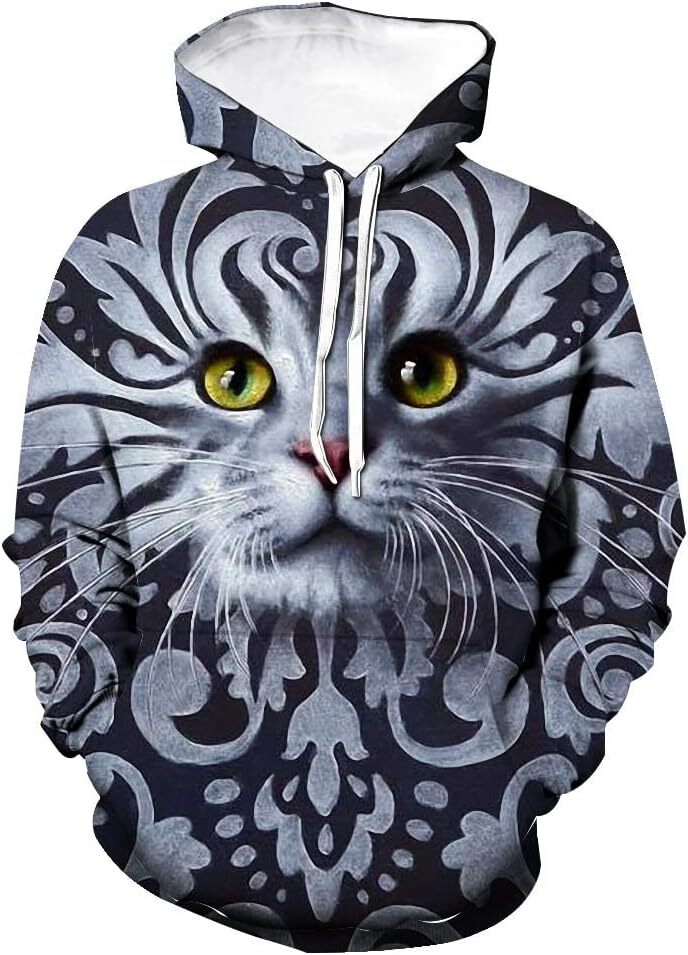 Hoodie for Mens Womens Hoodies for Men,Mens Pullover Hoodie Grey 3D Cat Printingack Drawstring Pocket H Graphic Pullover Long Sleeve Fashion Trends