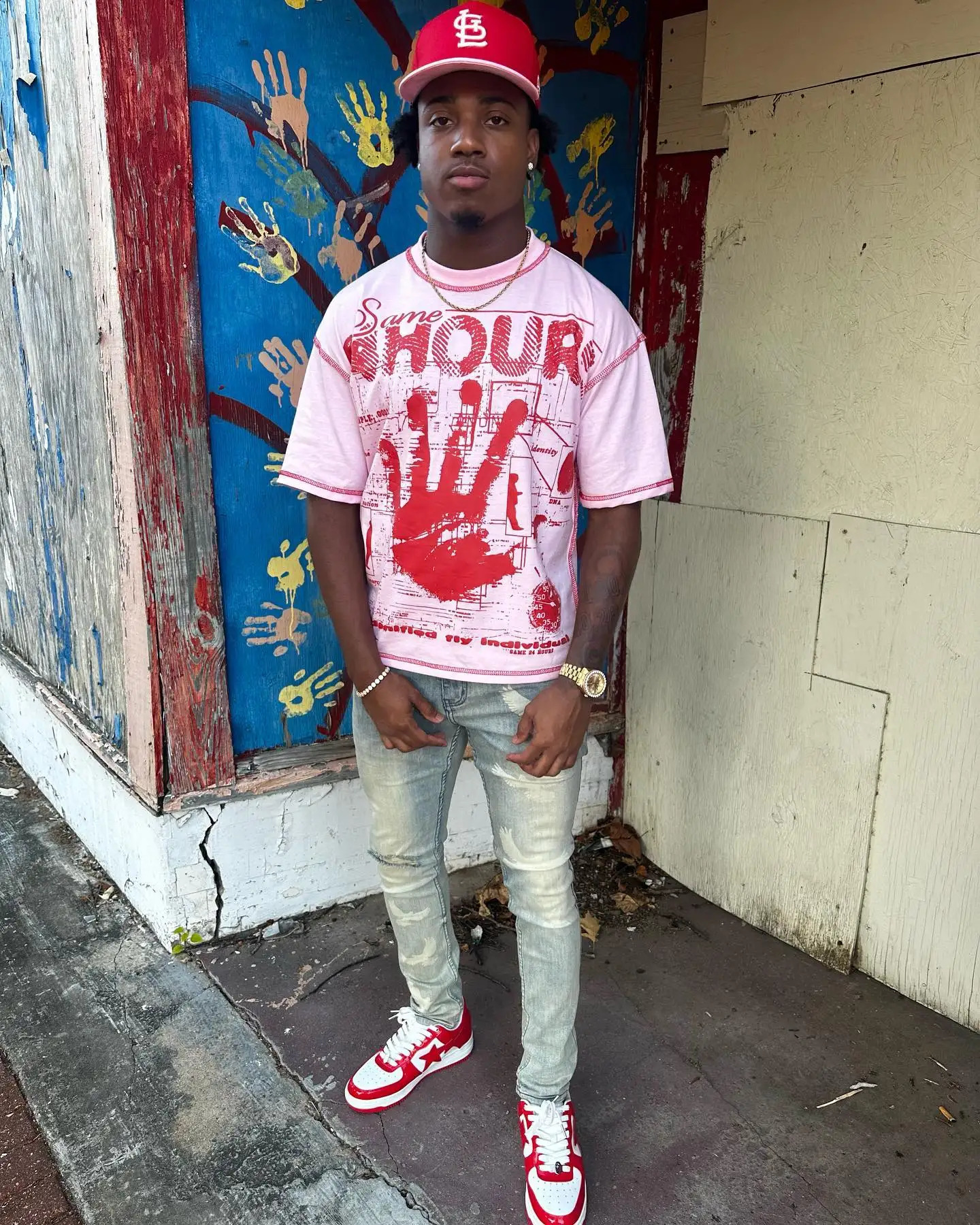 Men Women Pink Hip Hop Print Loose T Shirts Personality Embroidery Casual Street Tee Couple Stripe Patchwork Short Sleeve Y2k 241017